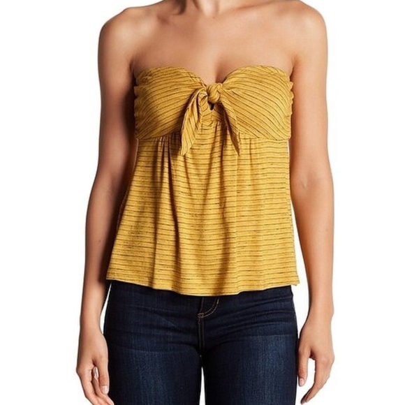 yellow strapless shirt